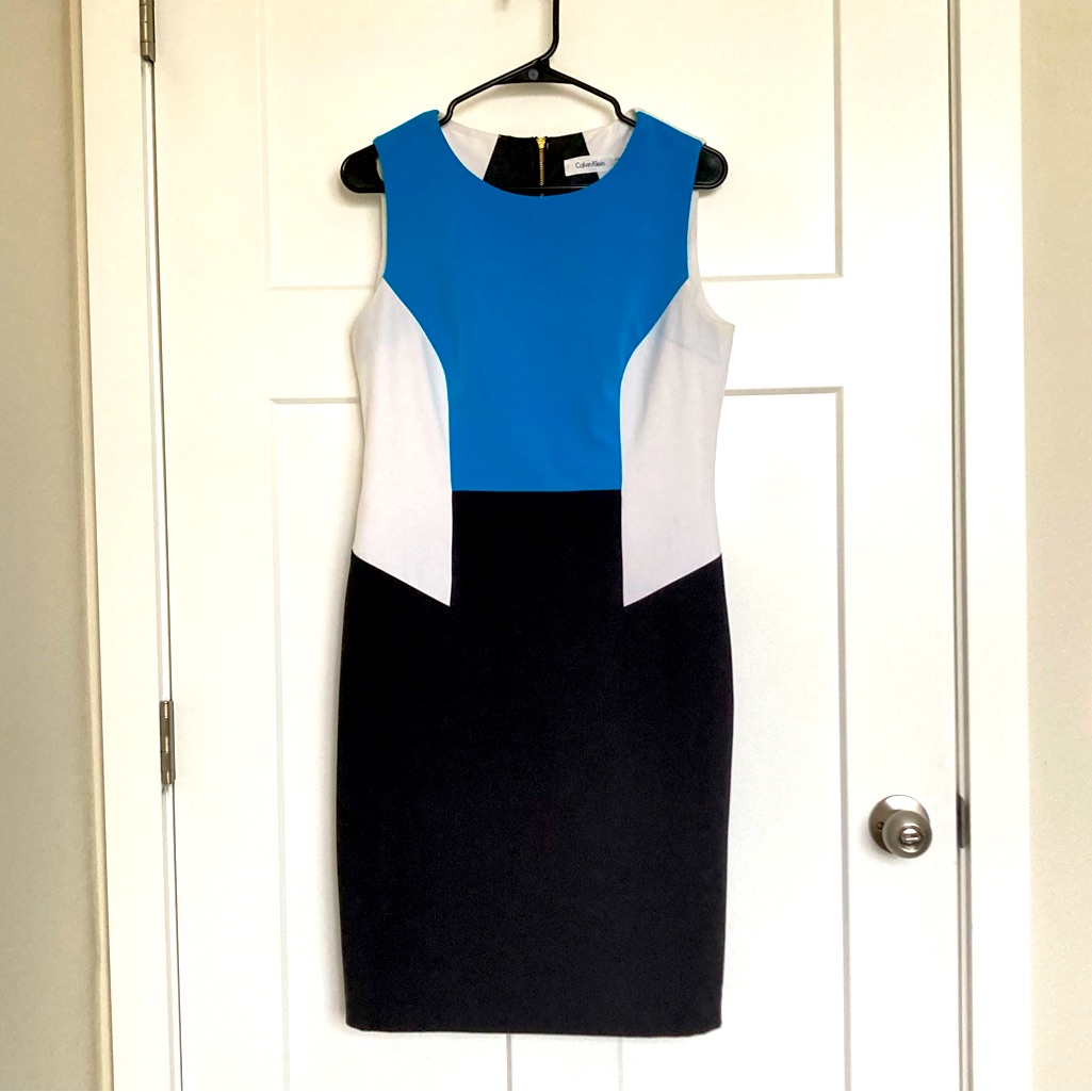Calvin Klein Women’s Blue White And Black Multi Color Dress, Size 8, Like New.